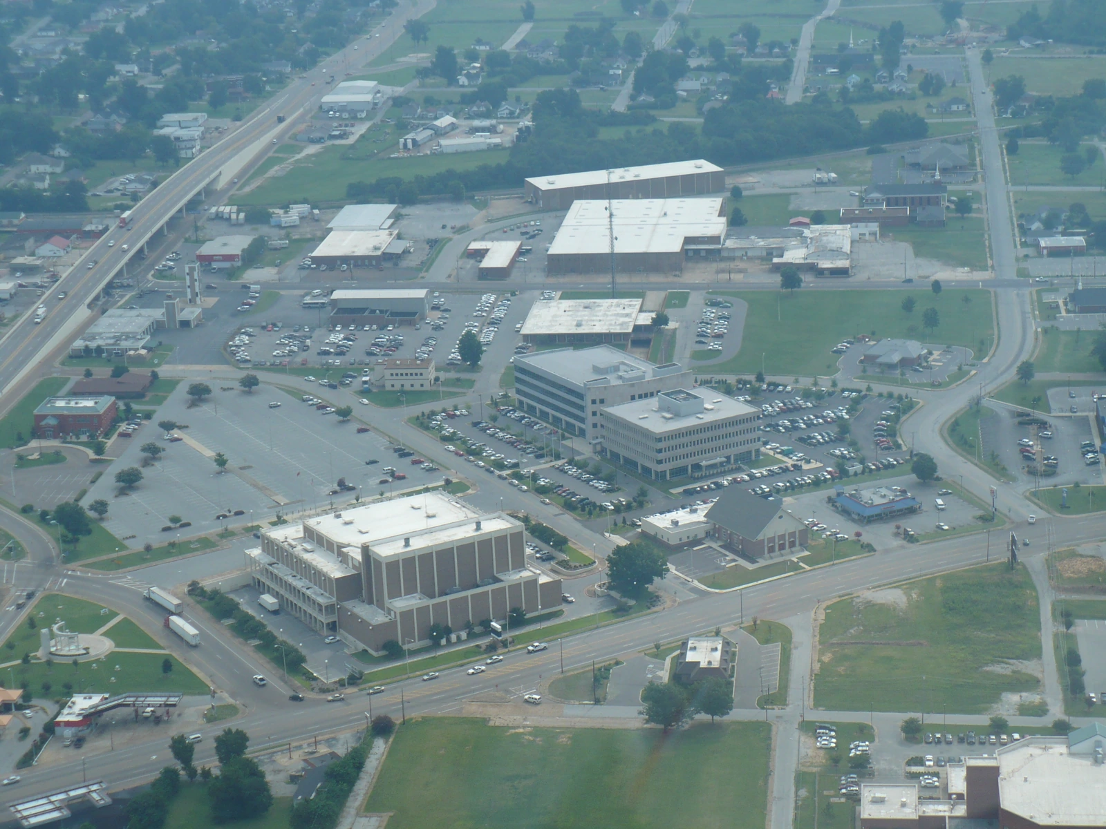 Aerial photograph showing Carl Perkins Civic Center and adjacent civic buildings in Jackson, Tennessee