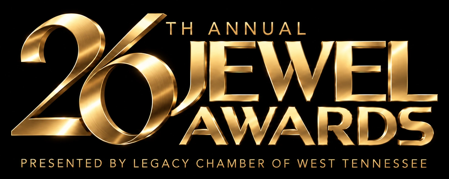 The complete gold 26th Annual Jewel Awards identity, presented by Legacy Chamber of West Tennessee